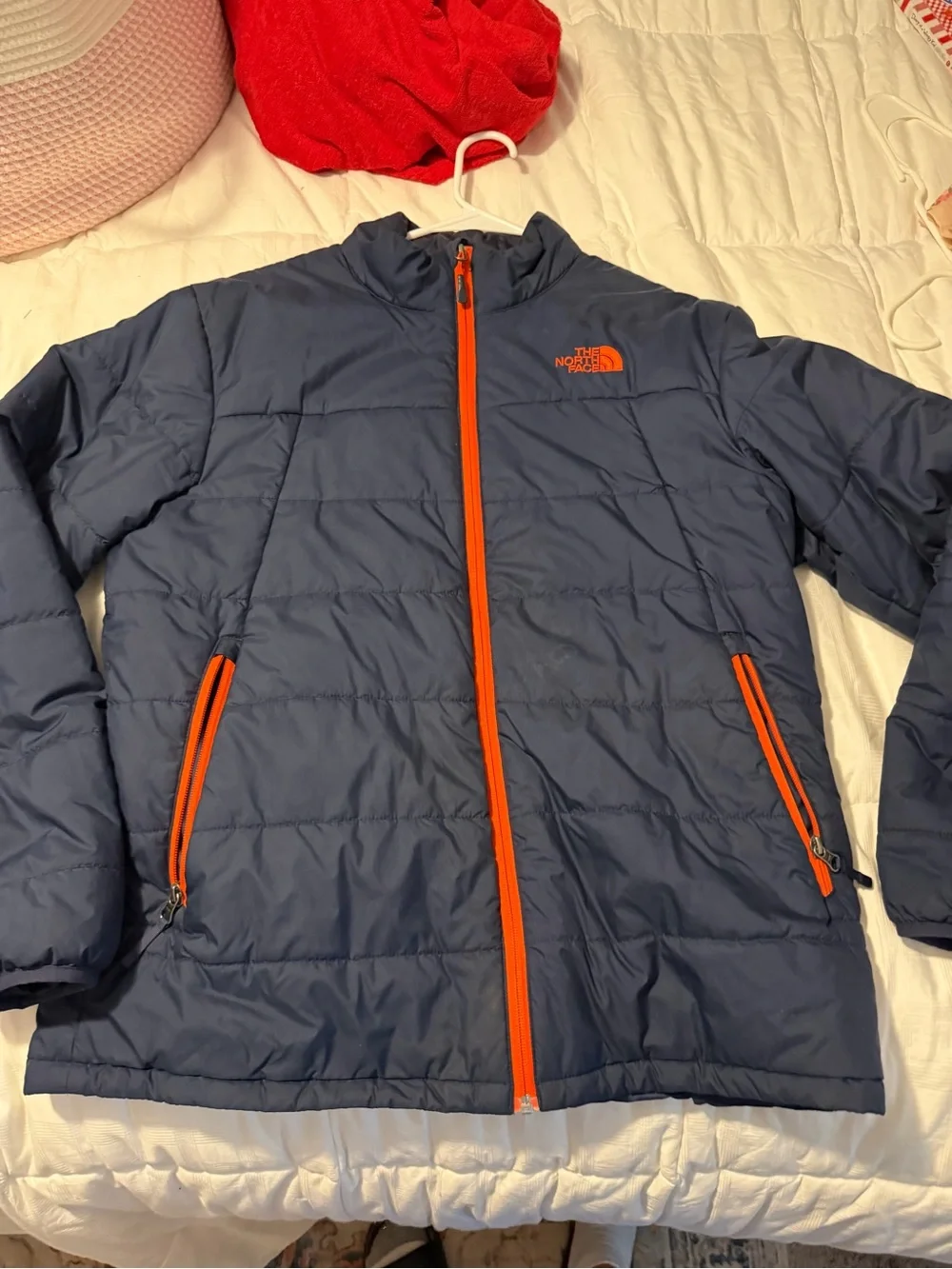 The North Face Blue Puffer Jacket with Orange Trim
